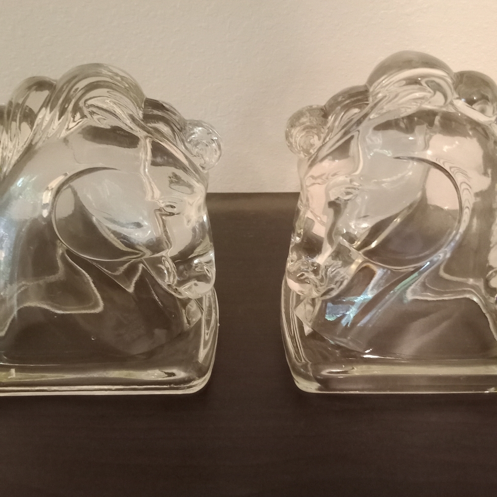 Twin Clear Horse Bookends Made With Federal Glass